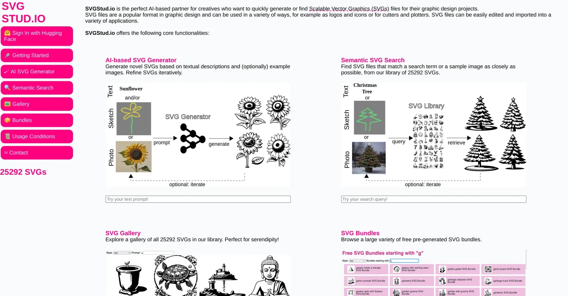 SVGStud.io homepage screenshot — Generate and search custom SVGs with AI