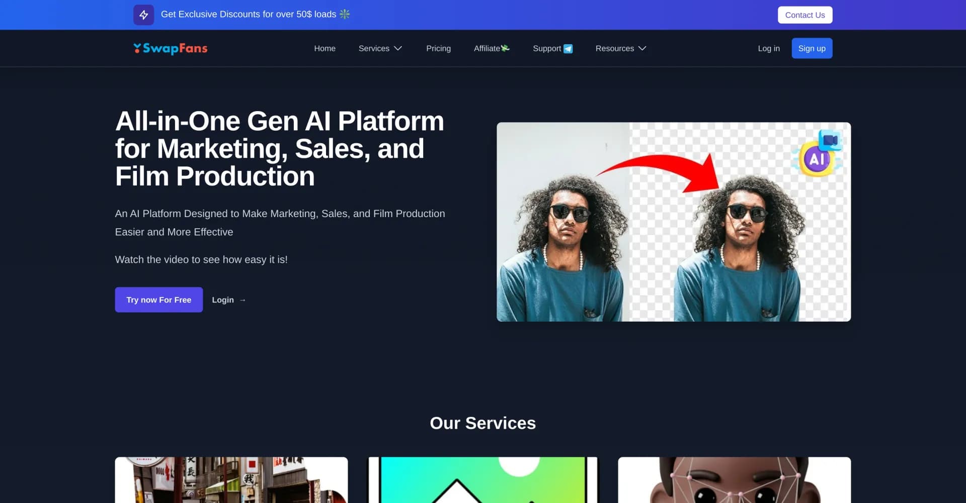 SwapFans homepage screenshot — AI-powered marketing, sales, and film production platform