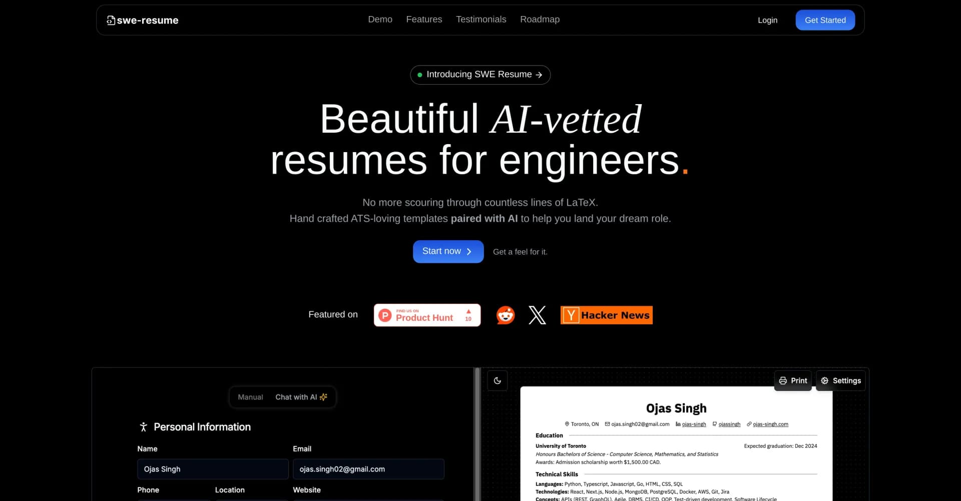 SWE-Resume homepage screenshot — AI-powered resumes for software engineers