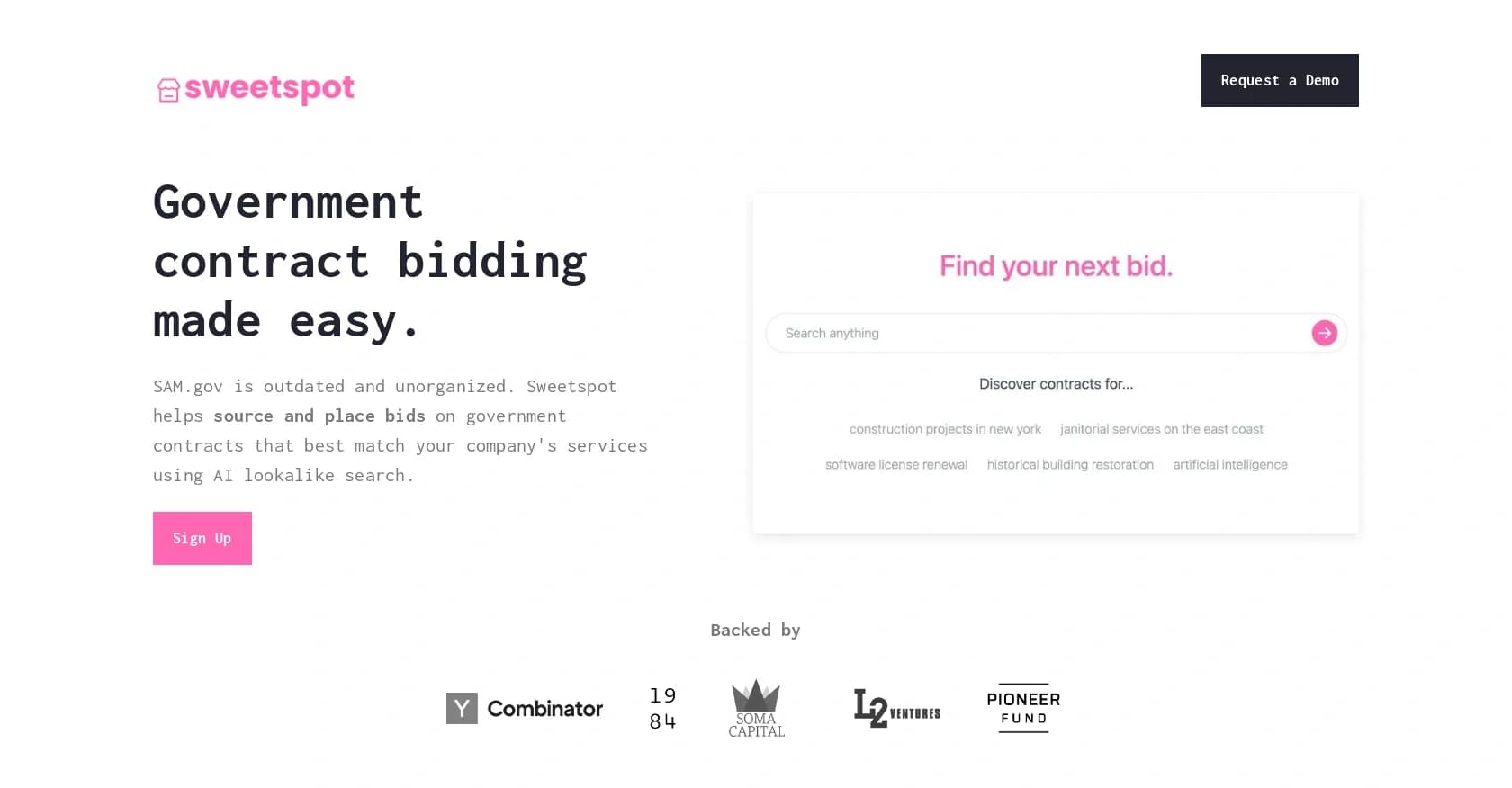 Sweetspot homepage screenshot — AI-powered government contract bidding made easy.