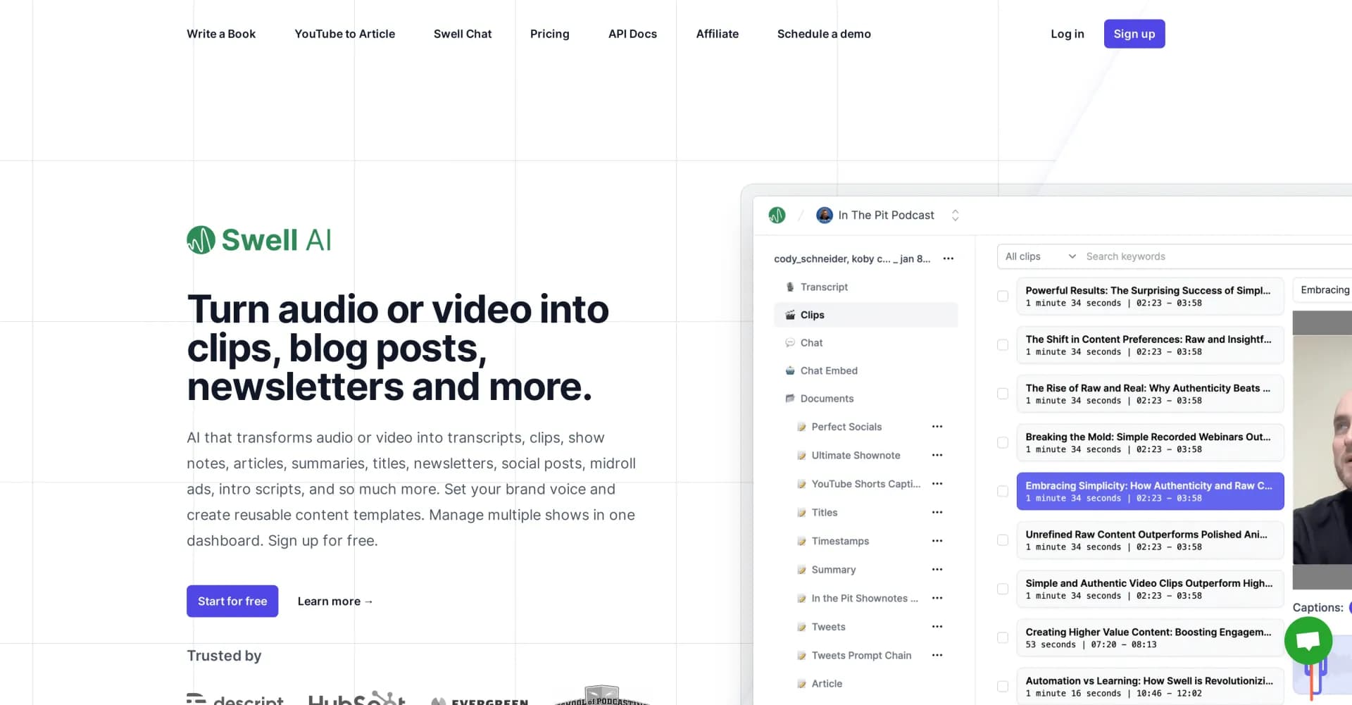 Swell AI homepage screenshot — Turn audio or video into content for every channel