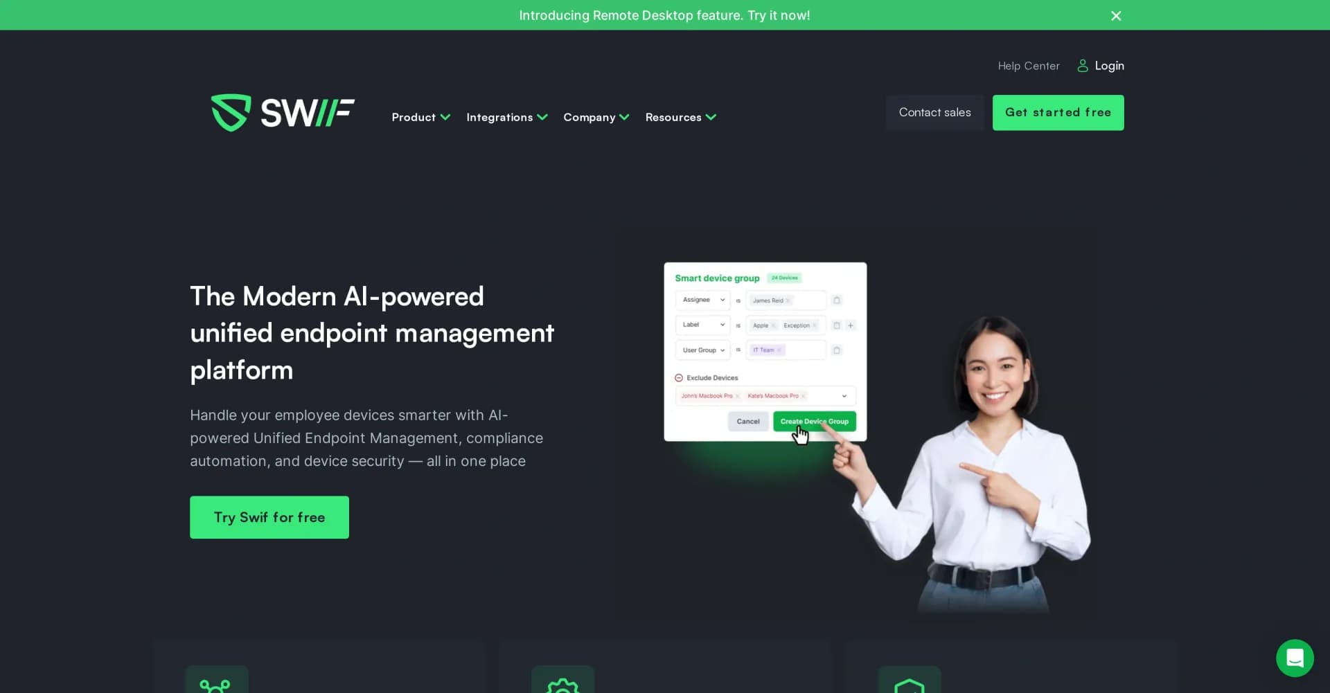 Swif homepage screenshot — AI-powered device management and compliance automation.