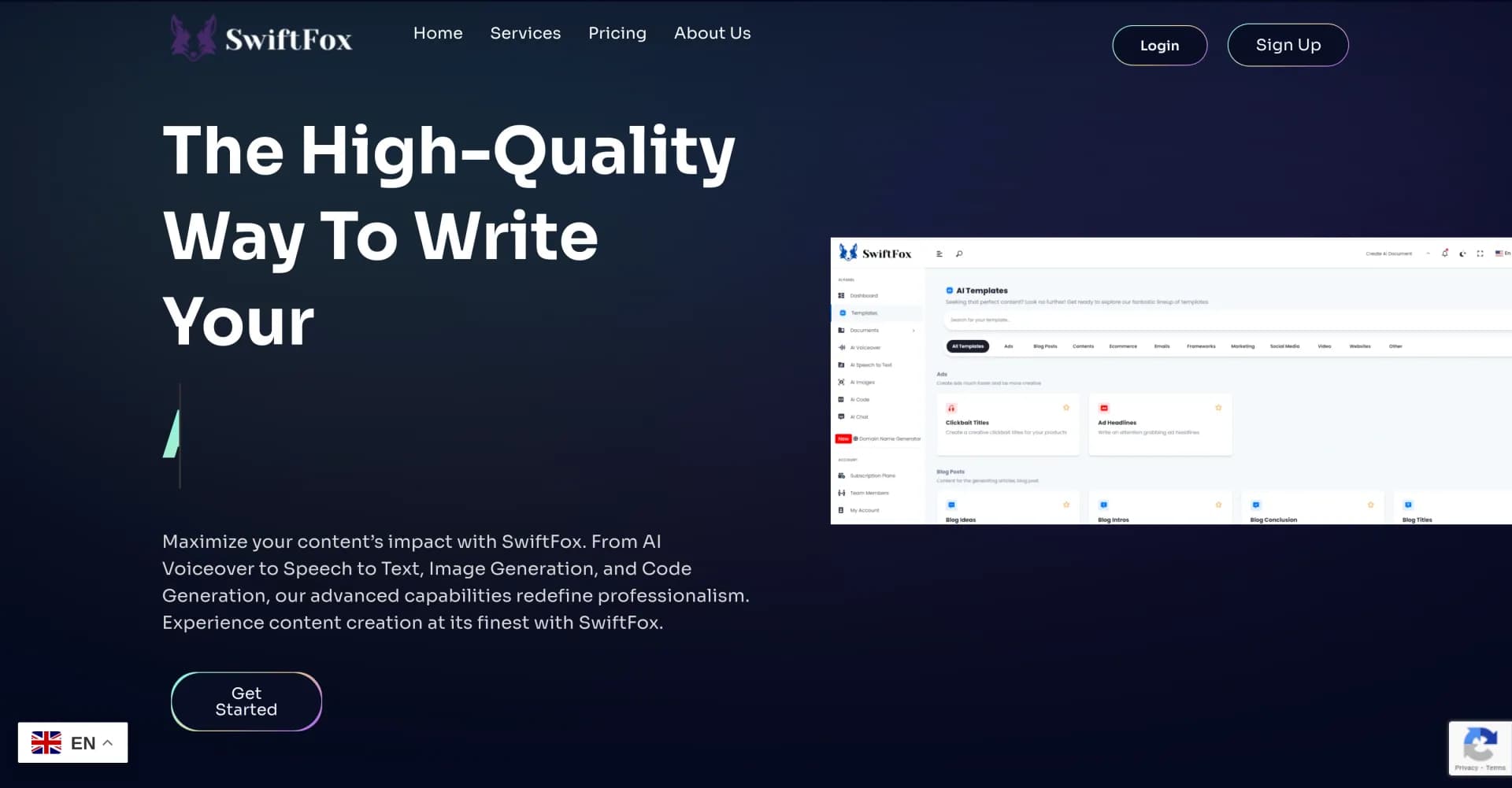 SwiftFox homepage screenshot — AI-powered content creation for maximum impact