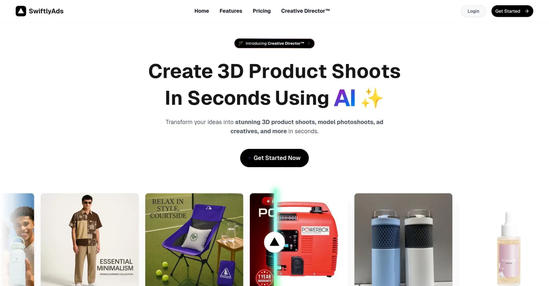 SwiftlyAds homepage screenshot — AI-powered 3D product shoots in seconds.