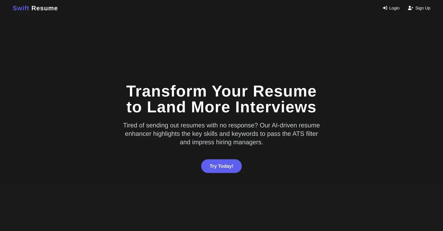 SwiftResume homepage screenshot — Craft standout resumes with AI