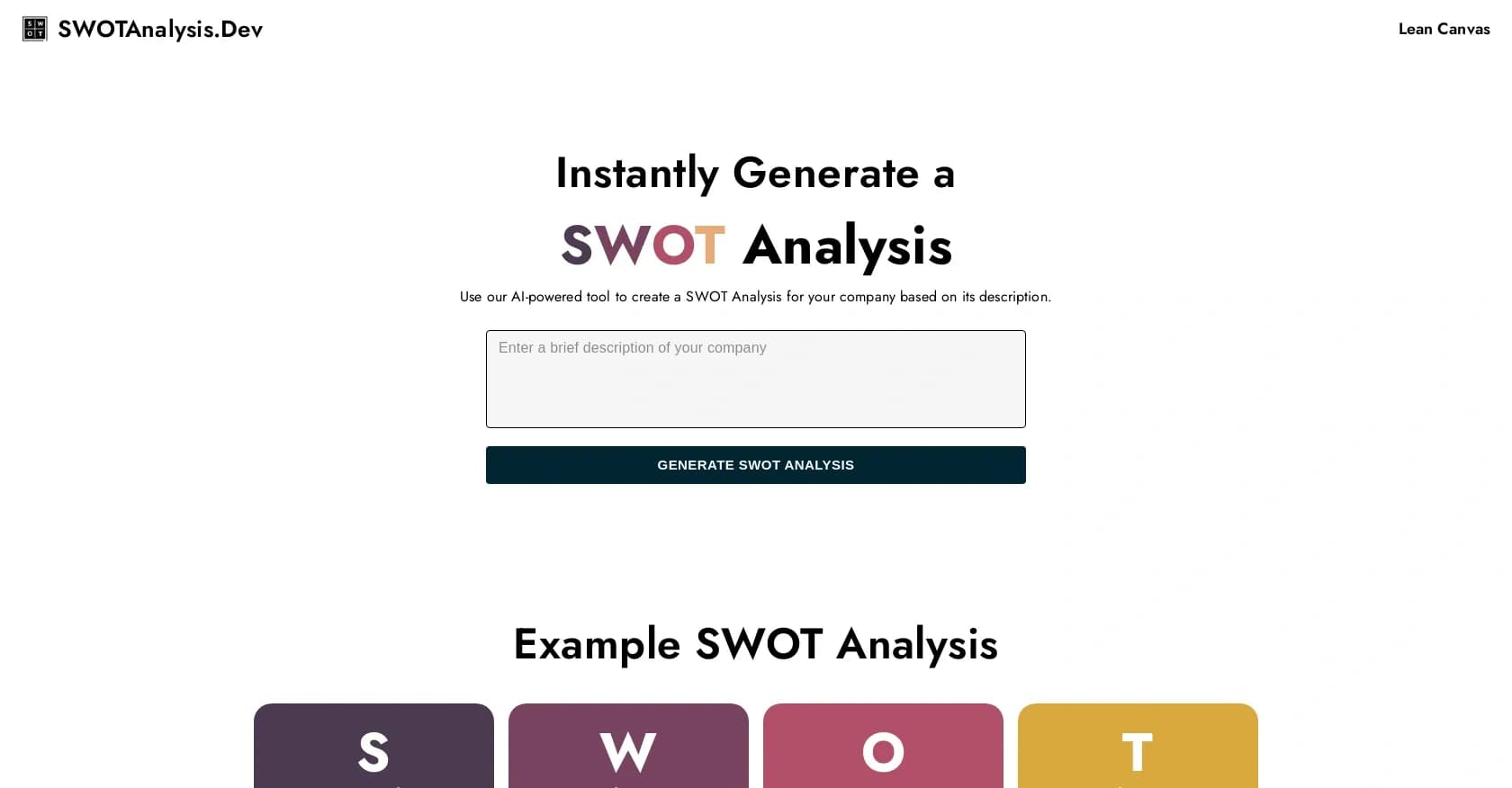SWOT Analysis homepage screenshot — Instantly generate a SWOT Analysis with AI