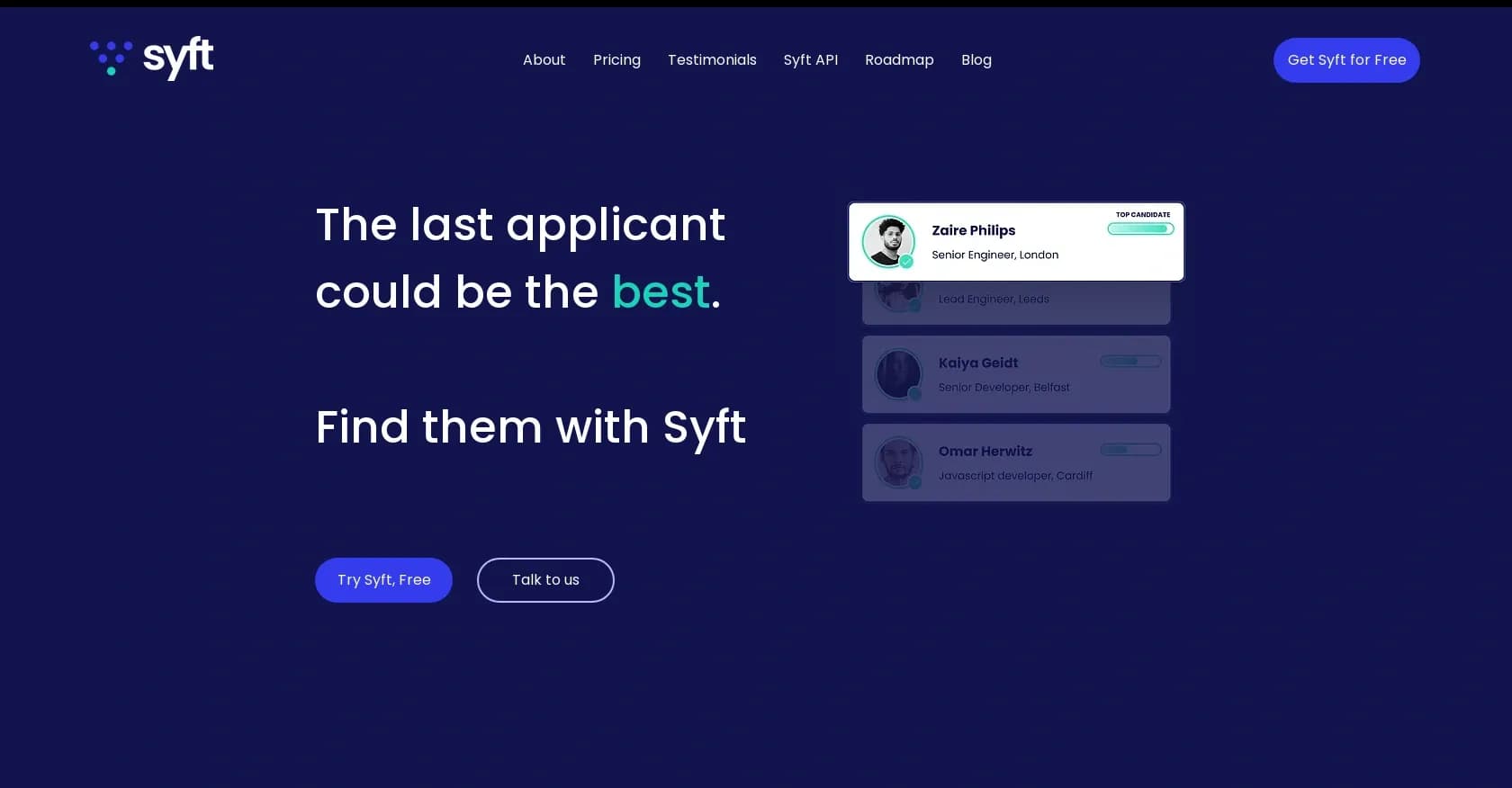 Syft.cc homepage screenshot — AI-powered candidate search for faster hiring