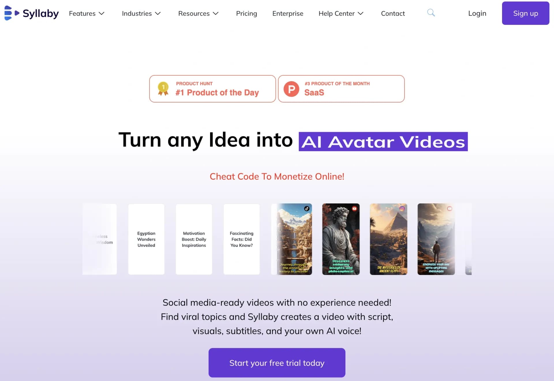 Syllabyv2.0 homepage screenshot — Video script generator for social media marketing.