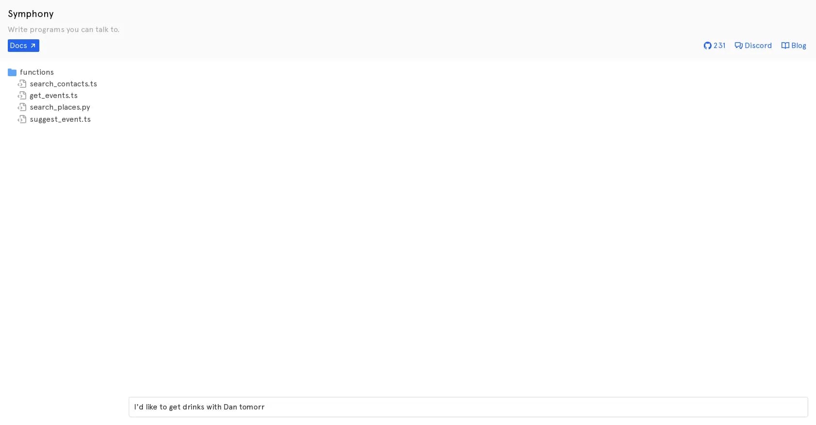Symphony.run homepage screenshot — Write programs you can talk to.