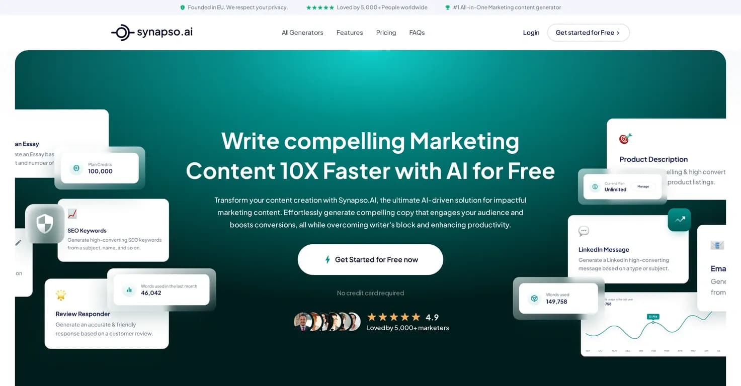 Synapso AI homepage screenshot — Elevate your content with AI-powered copywriting.