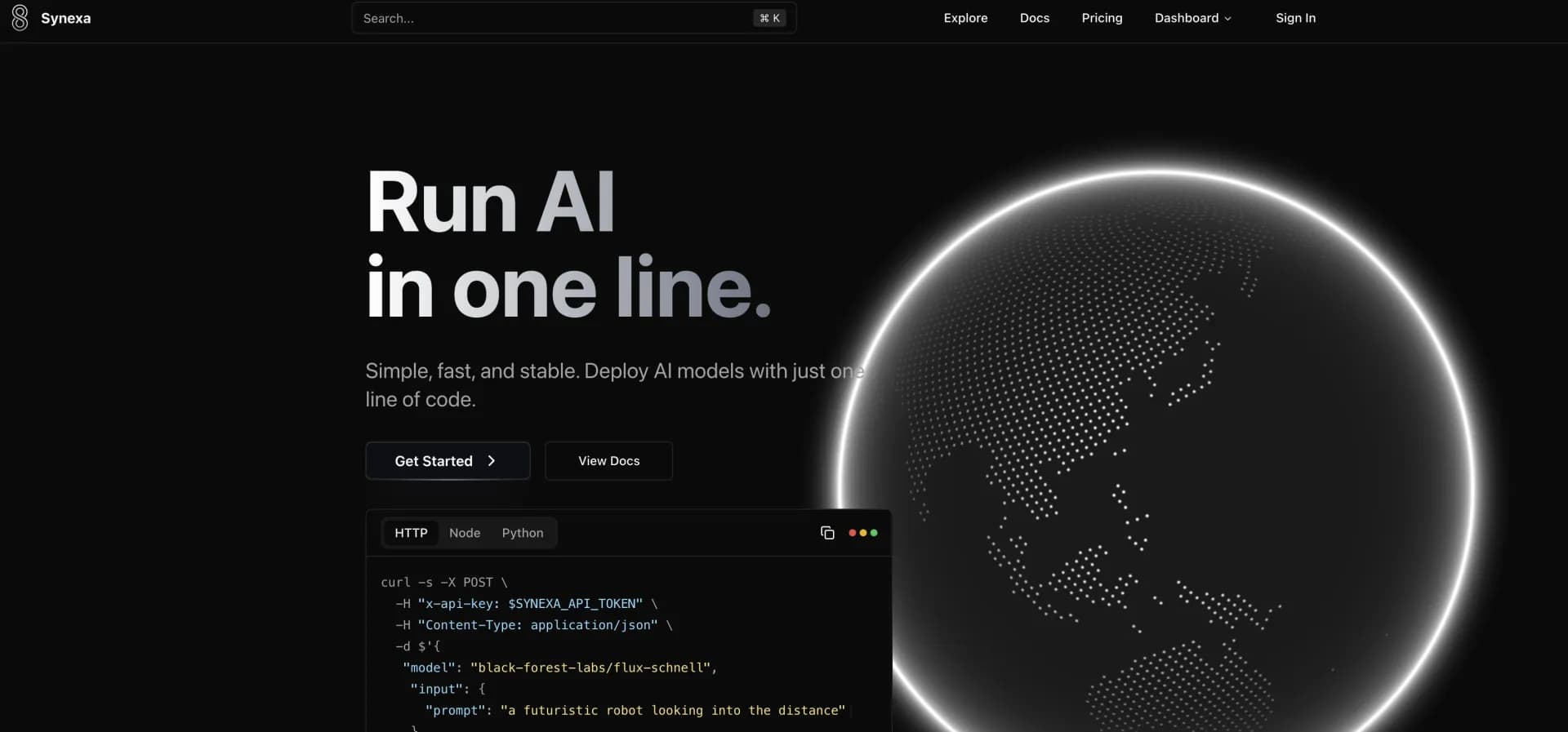 Synexa homepage screenshot — Deploy AI models with one line of code.