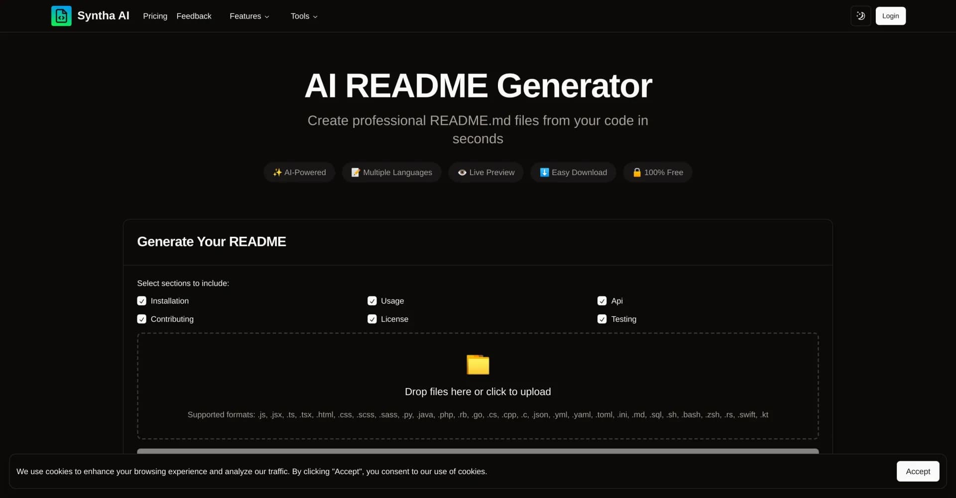 Syntha AI README Generator homepage screenshot — Create professional README files instantly with AI