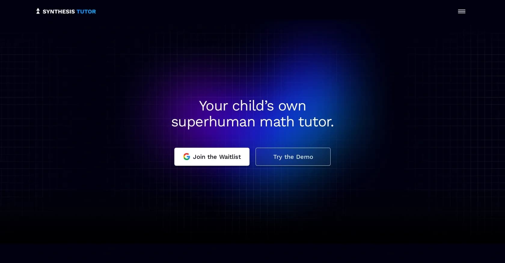 Synthesis Tutor homepage screenshot — Empower your child with a superhuman math tutor.