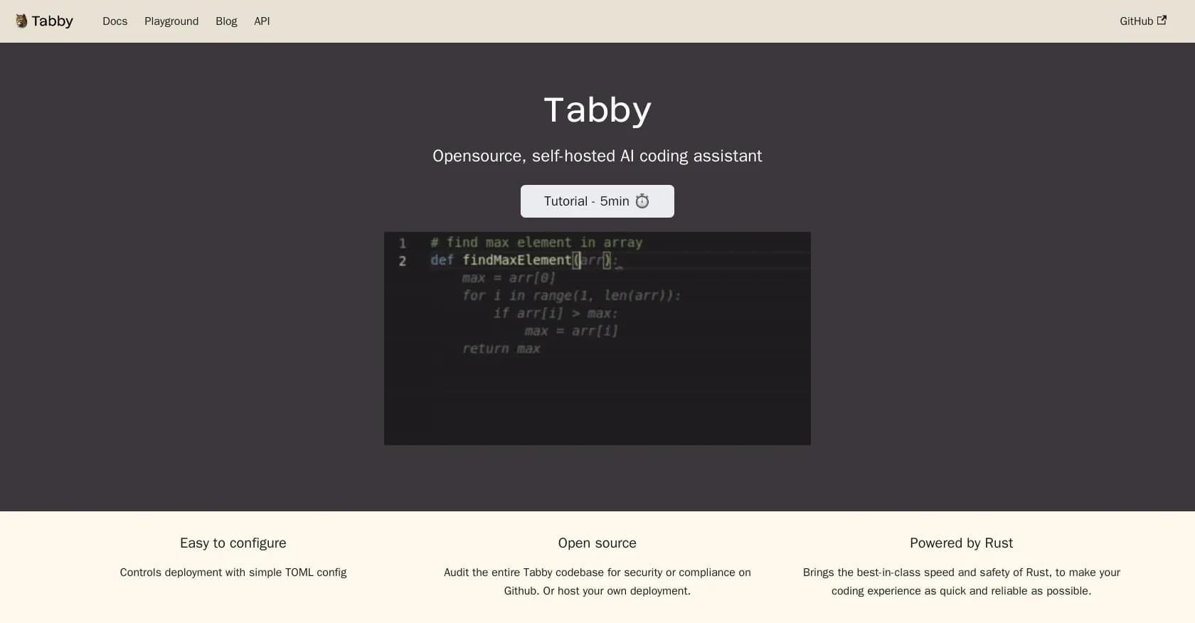 Tabby homepage screenshot — Open-source AI coding assistant for self-hosted deployments