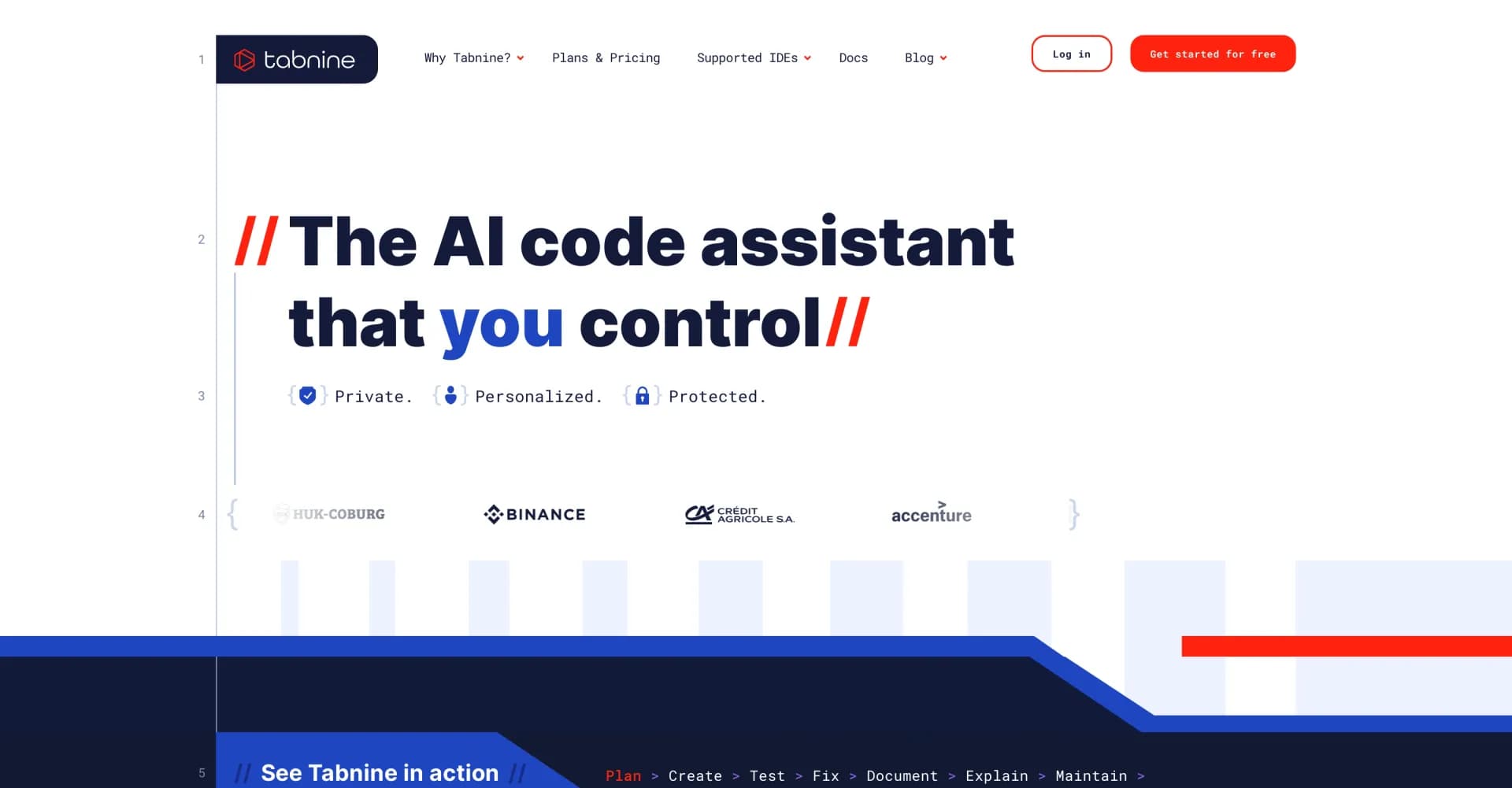 Tabnine AI code assistant homepage screenshot — AI code assistant that accelerates development while ensurin
