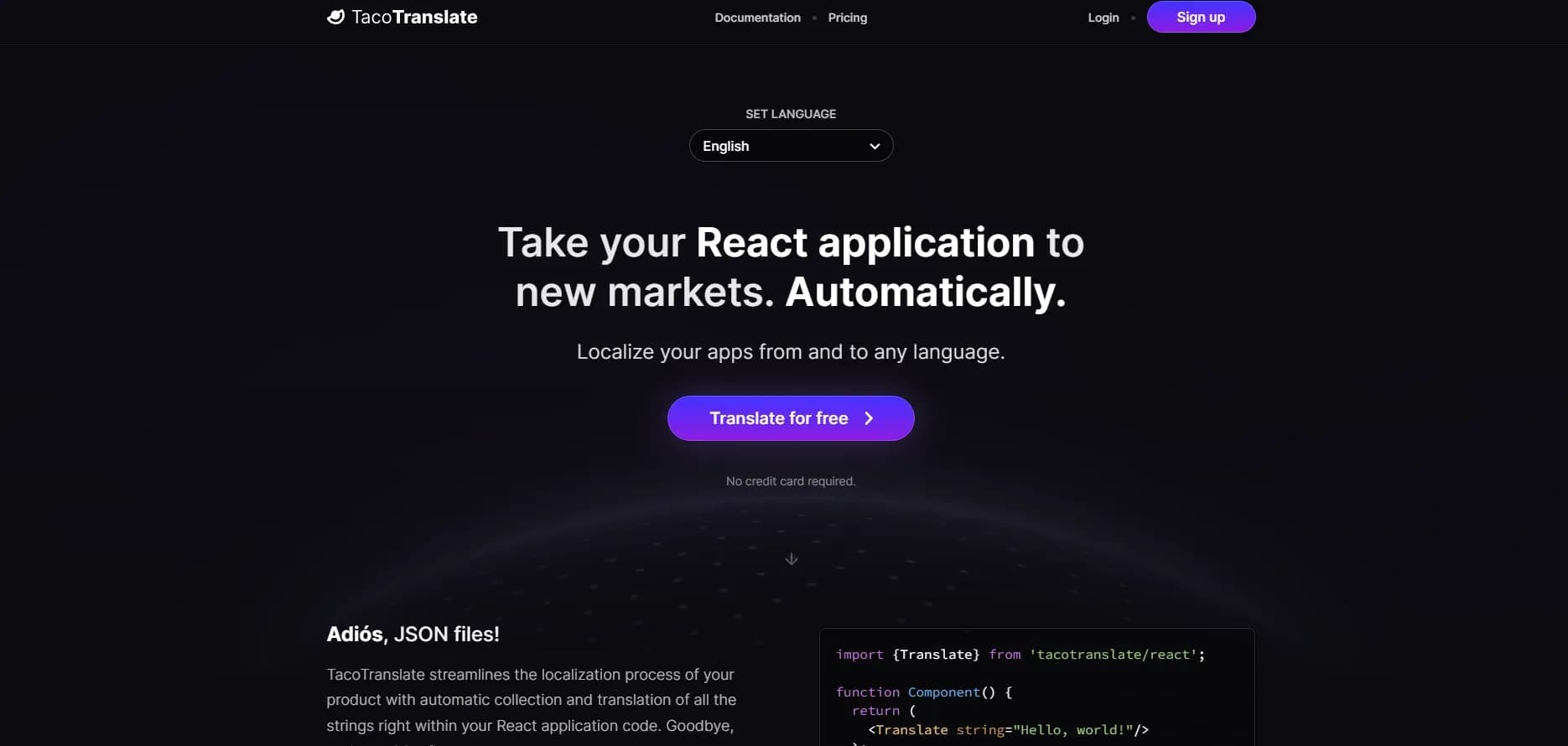 TacoTranslate homepage screenshot — Localize React apps automatically to any language