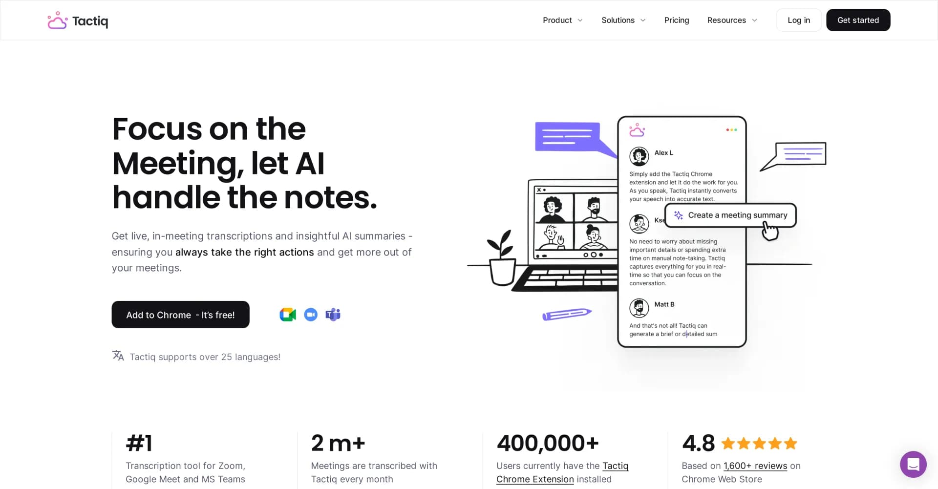 Tactiq homepage screenshot — Get more from your meetings with AI assistance