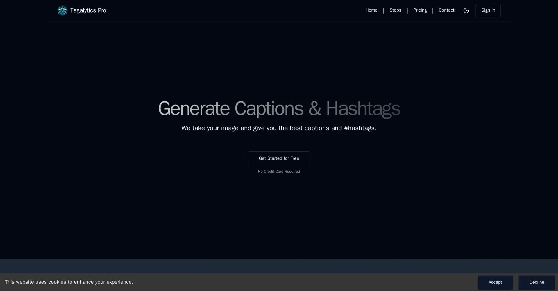 Tagalytics Pro homepage screenshot — AI-powered captions and hashtags for social media posts