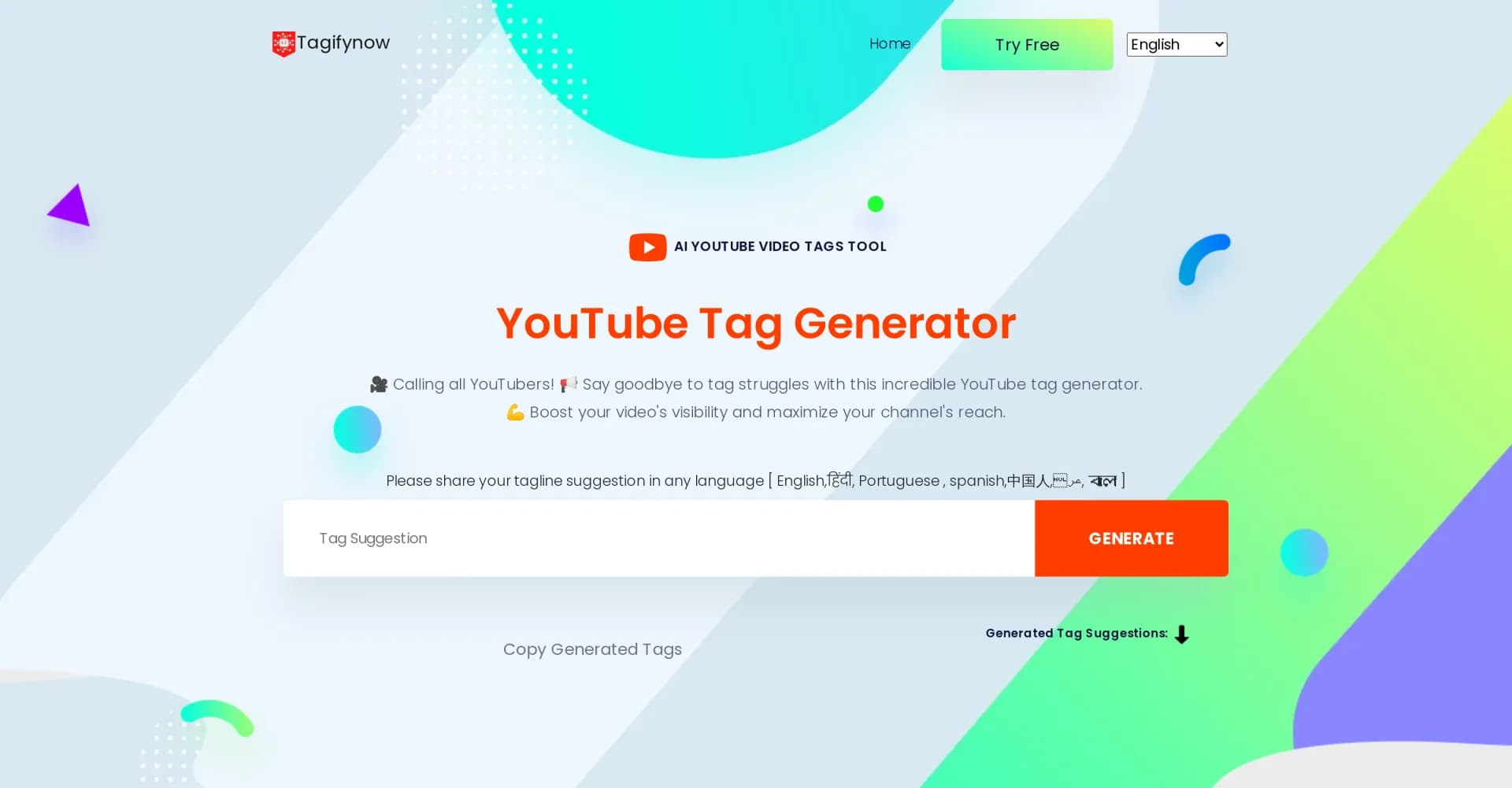 TagifyNow homepage screenshot — Boost video visibility with AI-powered YouTube tags.