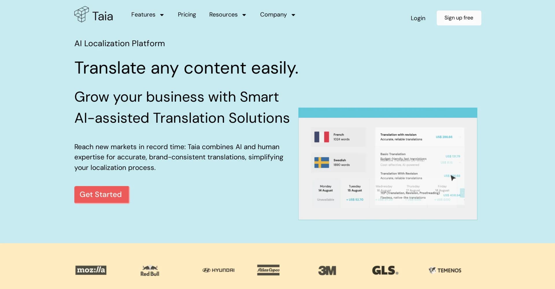 Taia homepage screenshot — AI-powered translations, human-perfected quality.