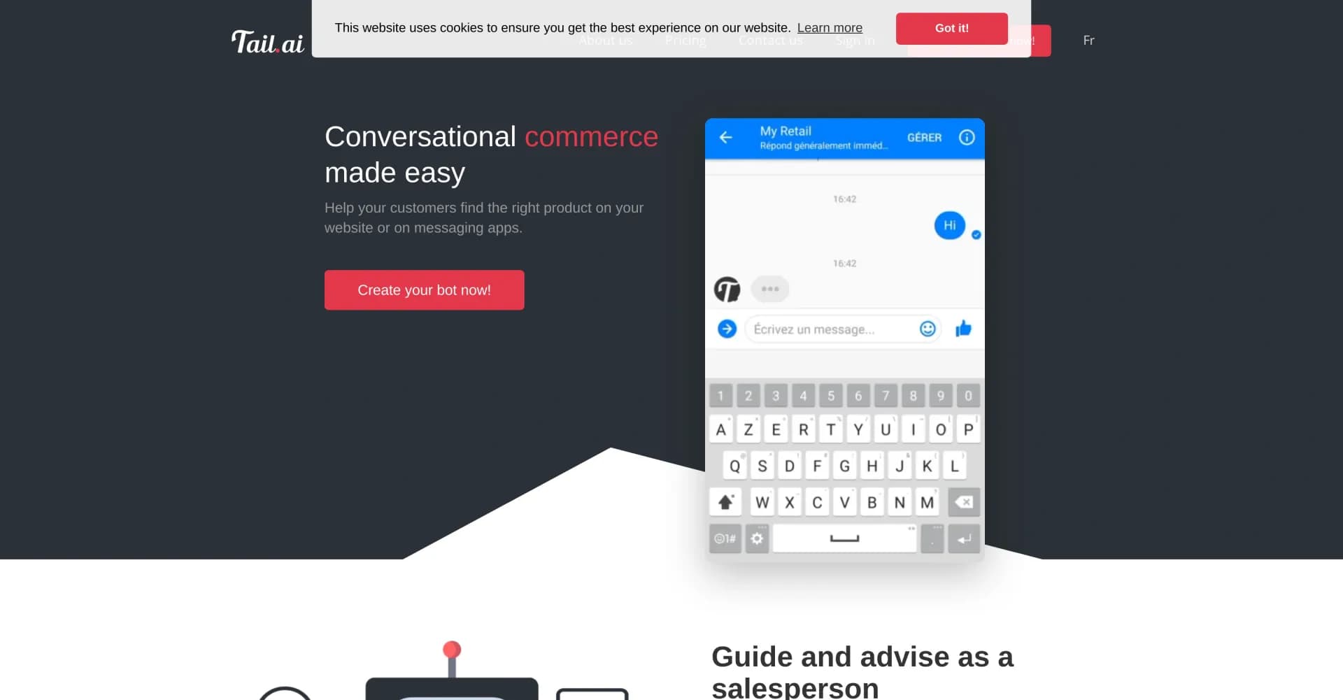 Tail.ai homepage screenshot — Conversational commerce made easy
