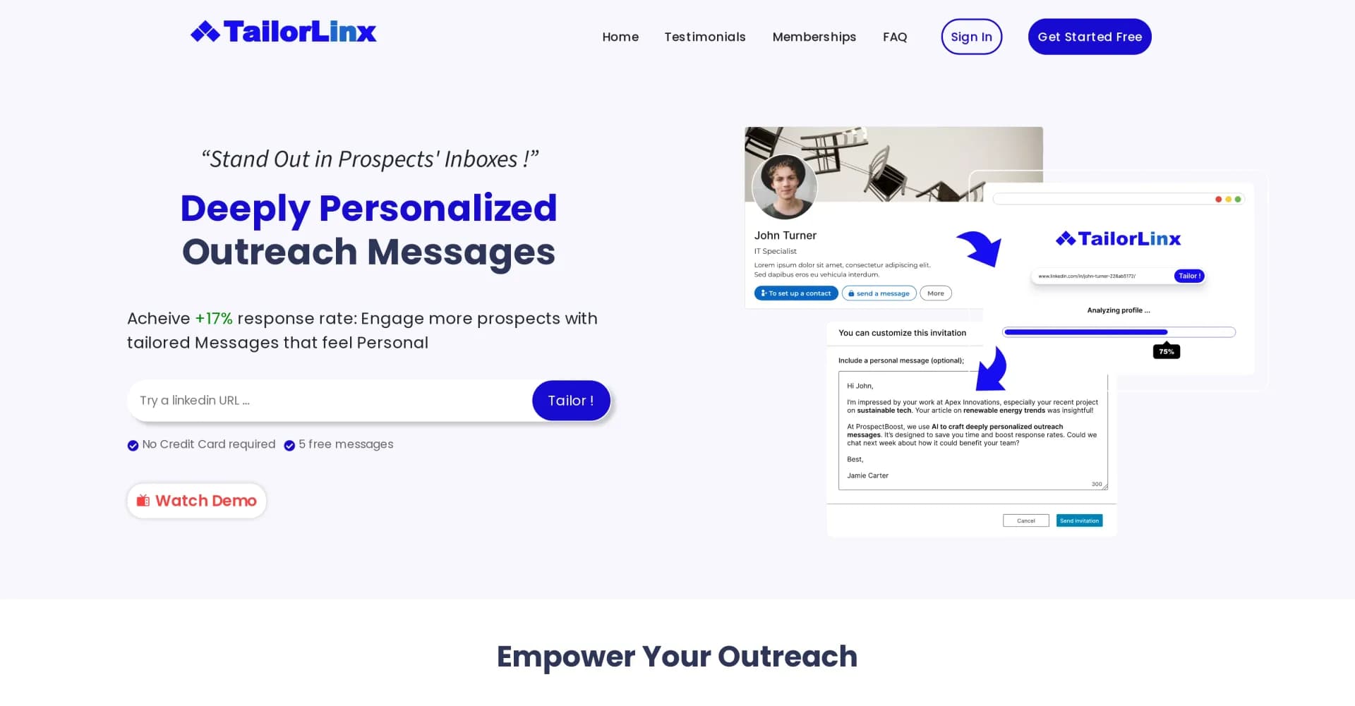 TailorLinx homepage screenshot — Personalize sales outreach with AI-driven psychology