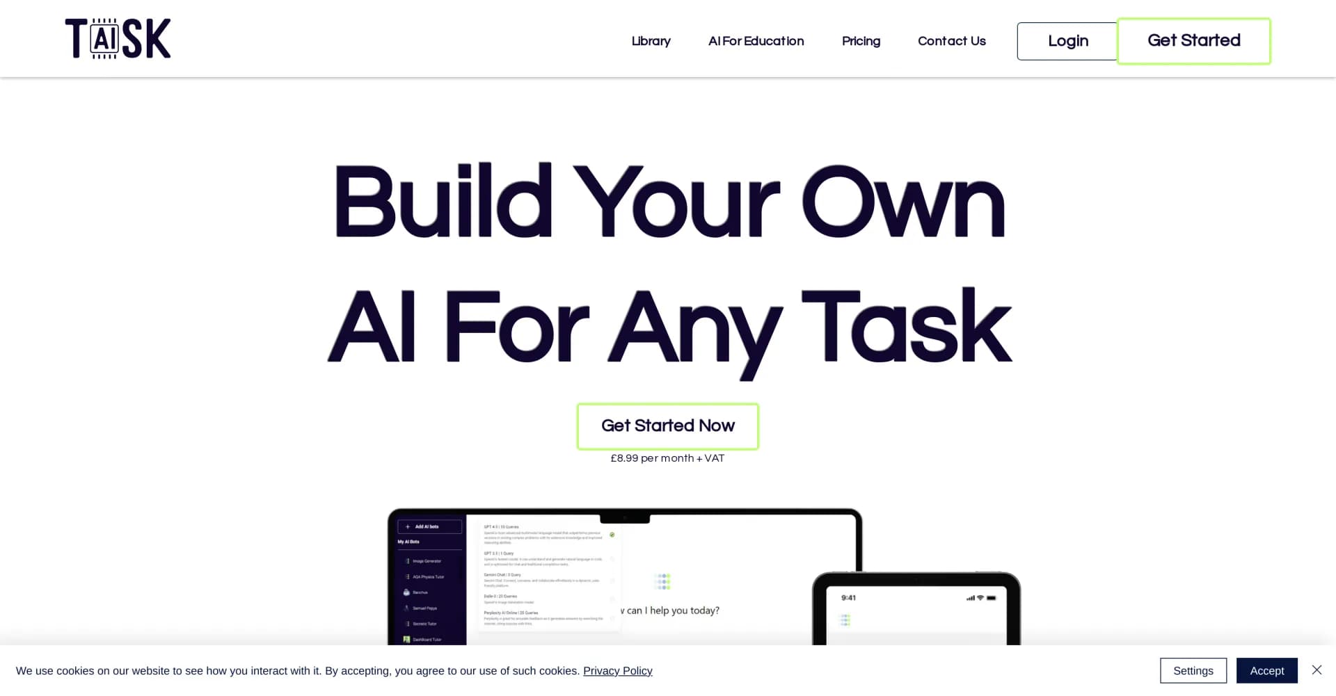 TAISK homepage screenshot — AI for any task - Build your own custom AI
