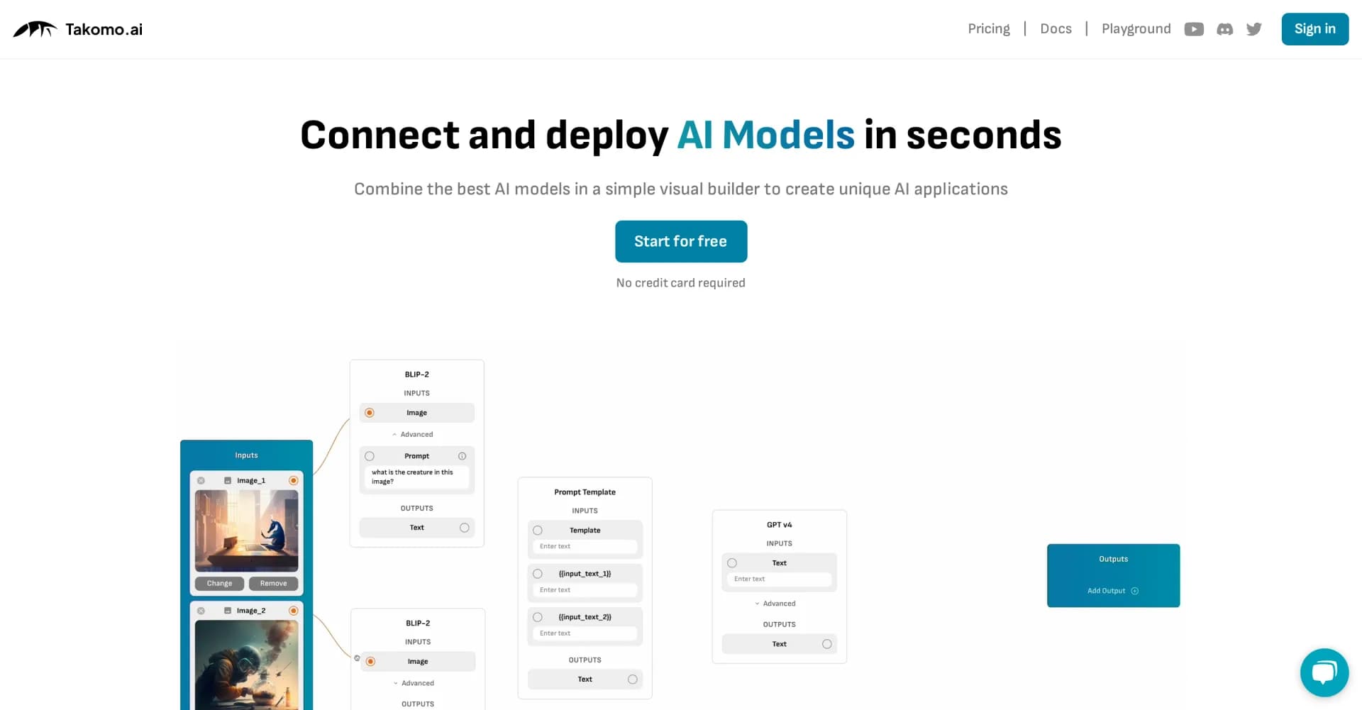TakomoAI homepage screenshot — Connect AI models visually, deploy instantly.
