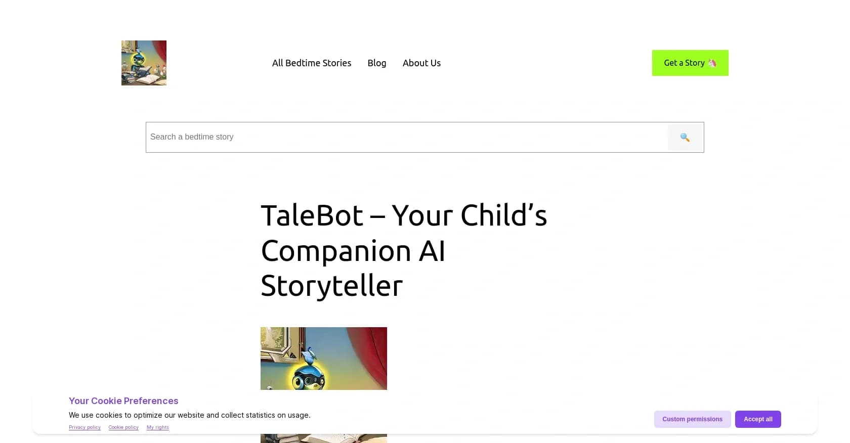 TaleBot homepage screenshot — Customized bedtime stories for kids.