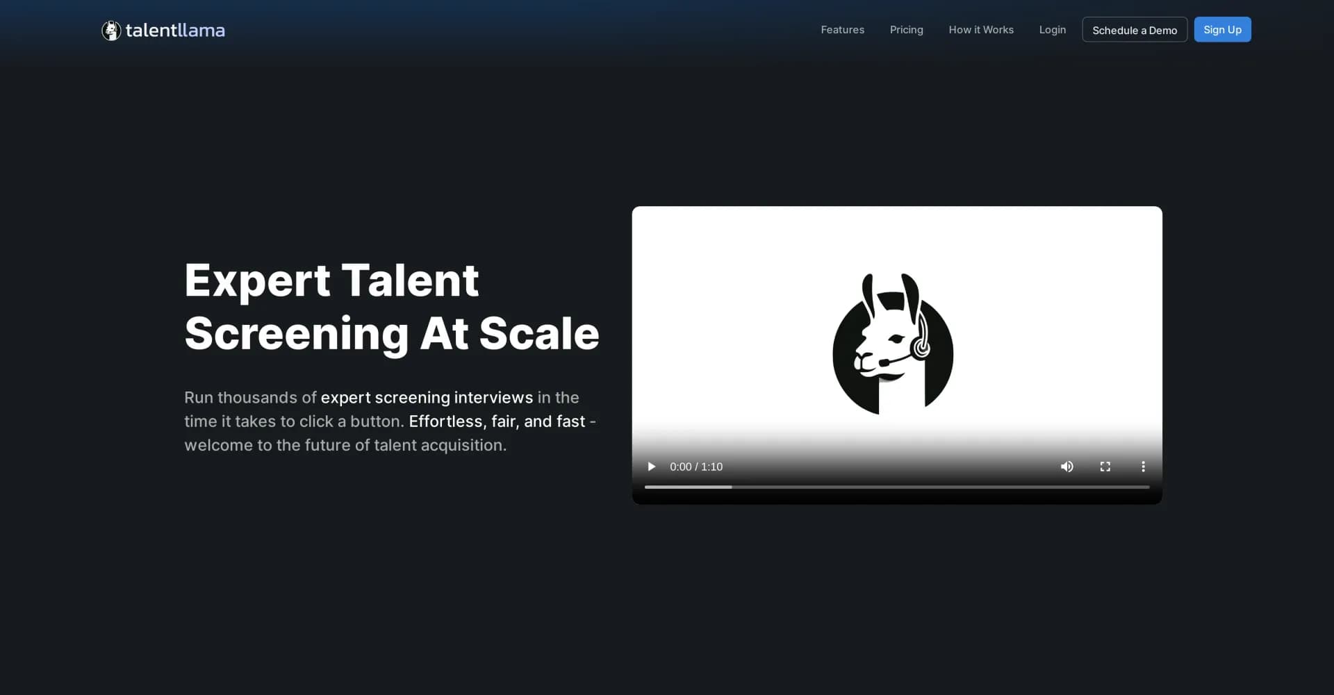 Talent Llama homepage screenshot — AI-powered screening interviews for smarter talent acquisiti