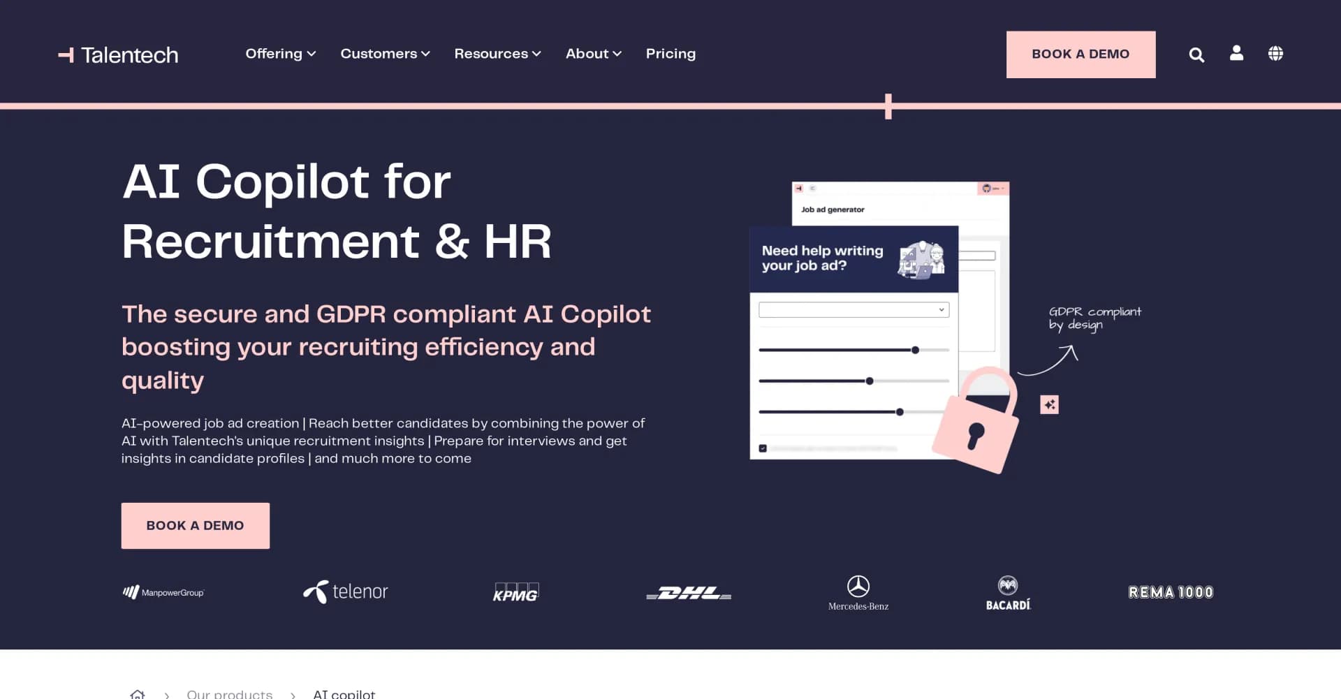 Talentech homepage screenshot — AI copilot to supercharge your recruitment efficiency