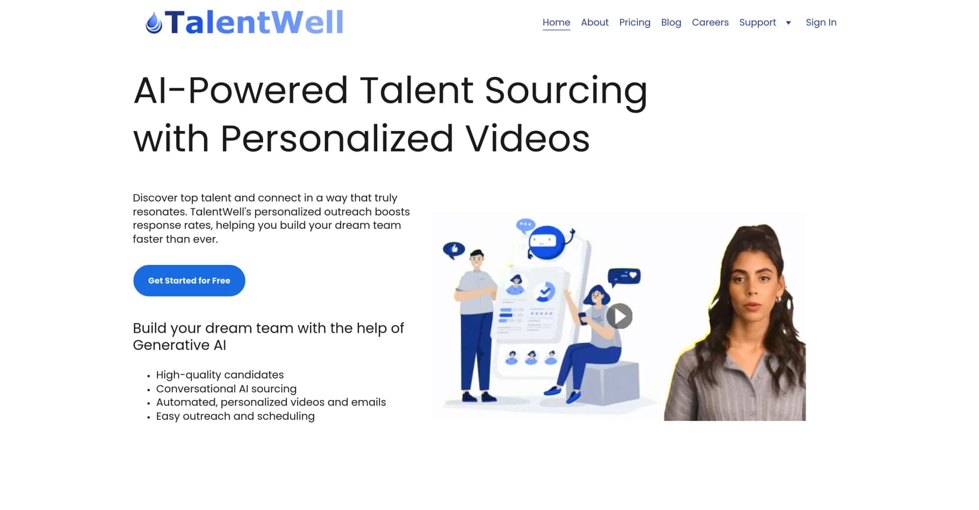 TalentWell AI homepage screenshot — AI-powered talent sourcing with personalized outreach