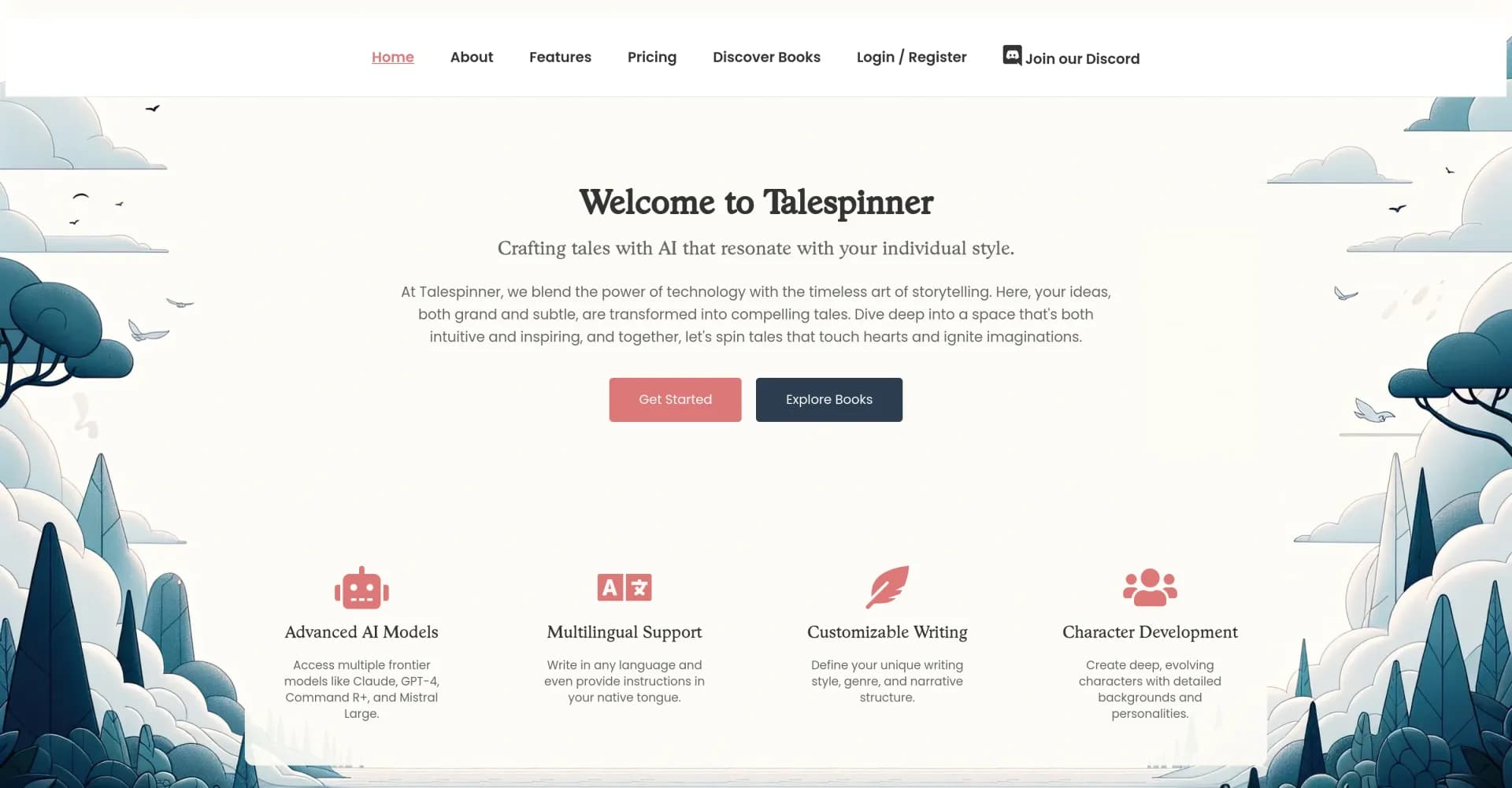 Talespinner homepage screenshot — AI-powered storytelling for captivating narratives