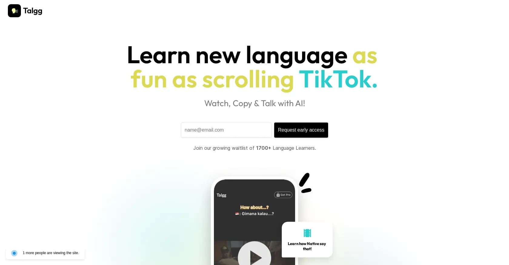 Talgg homepage screenshot — Learn languages while scrolling like TikTok.