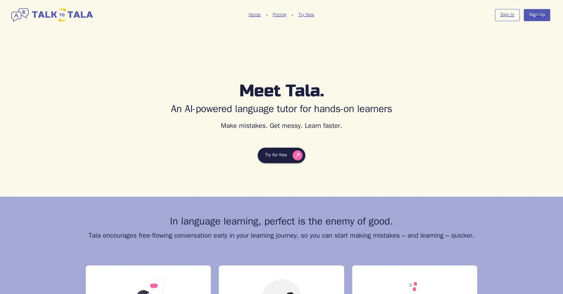 Talk to Tala homepage screenshot — Make Mistakes, Get Feedback, Learn Faster: Your AI Language 