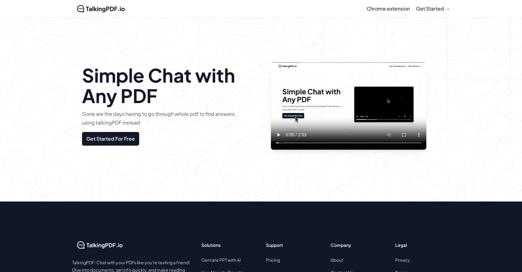 TalkingPdf homepage screenshot — Chat with any PDF like texting a friend