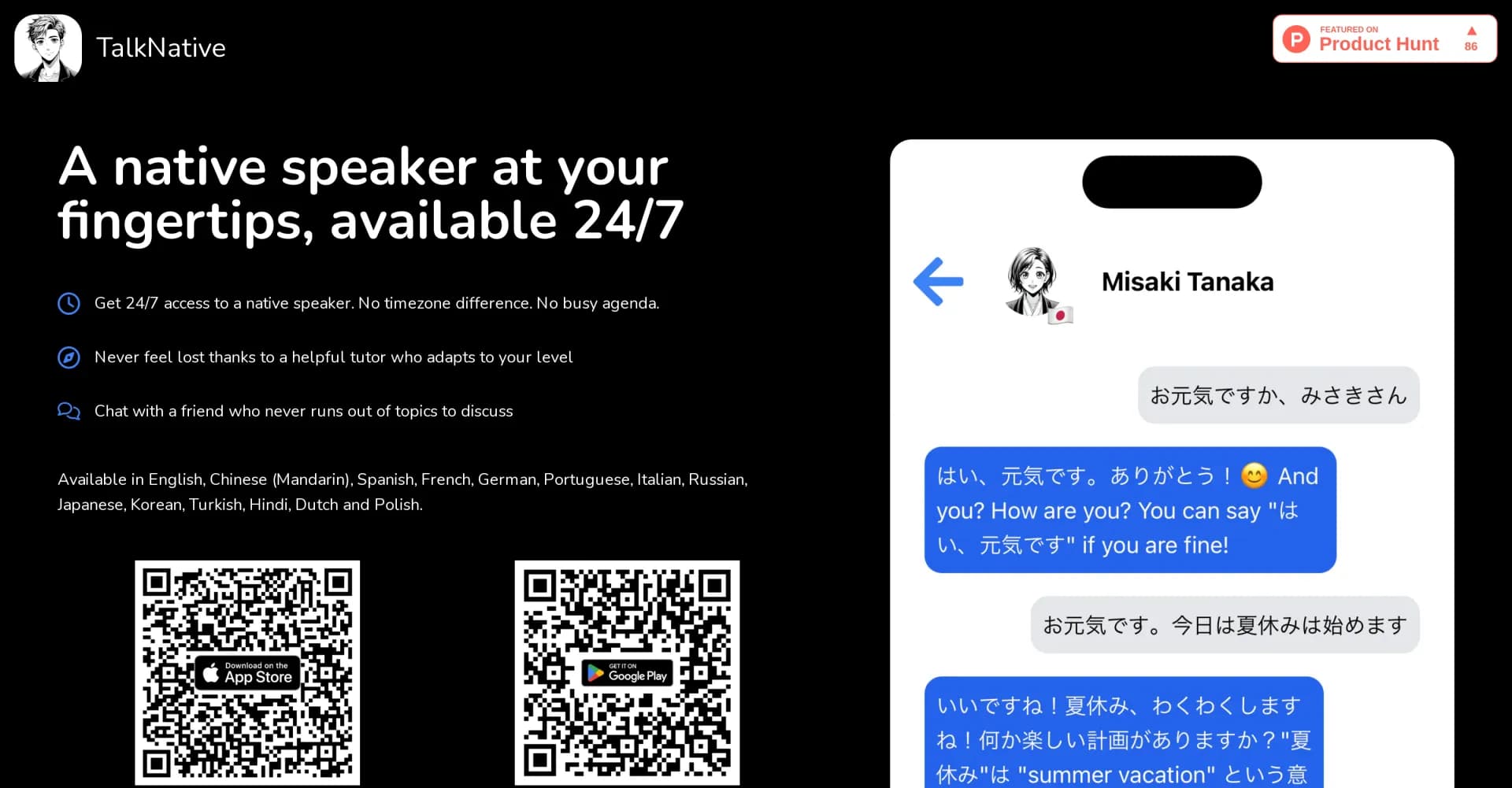 TalkNative homepage screenshot — A native speaker at your fingertips, available 24/7