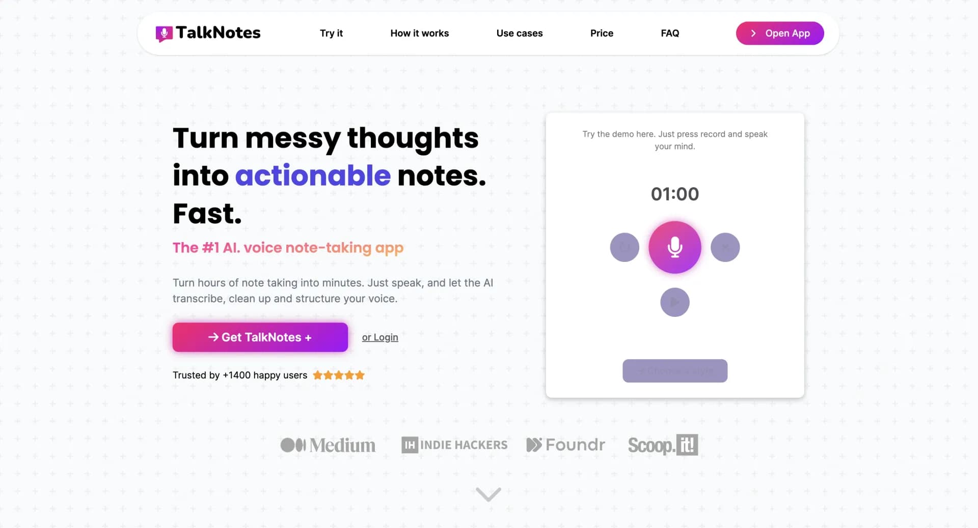 TalkNotes homepage screenshot — Turn your thoughts into actionable notes.