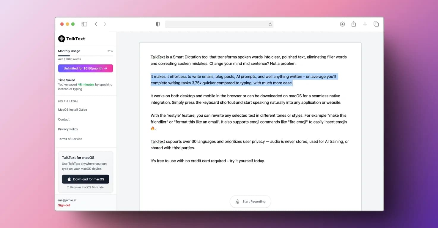 TalkTextv2.0.0 homepage screenshot — Smart Dictation in your browser or via a native macOS integr