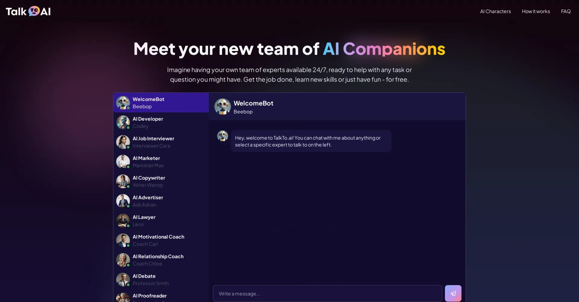 TalkTo.AI homepage screenshot — Free AI chat with your own team of AI experts