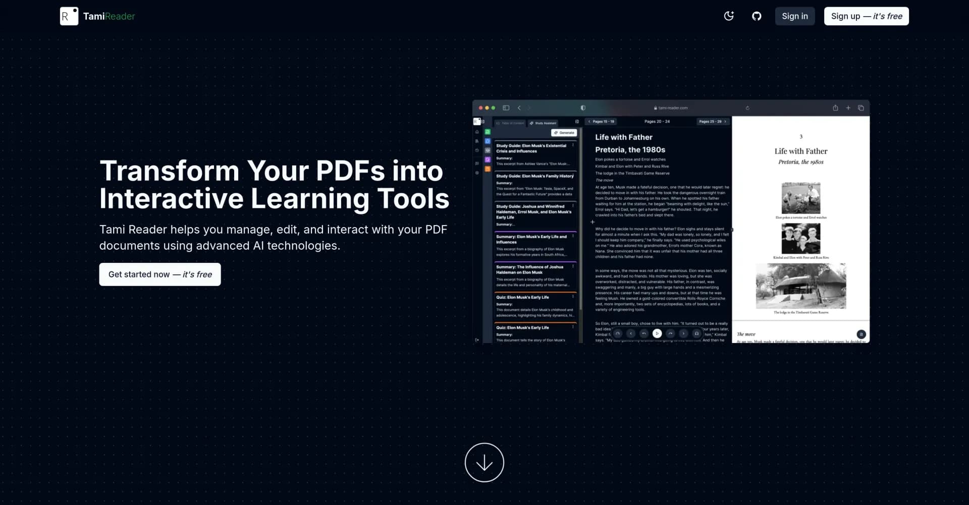 Tami Reader homepage screenshot — Transform PDFs into interactive learning tools with AI.