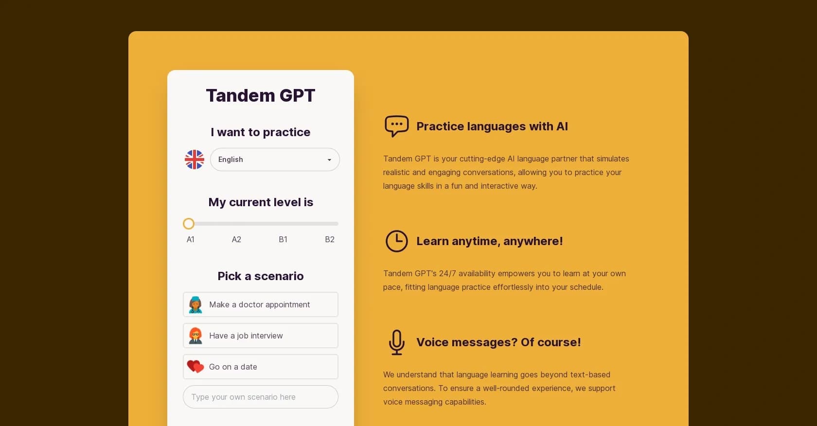 Tandem GPT homepage screenshot — Practice languages with AI conversation partners
