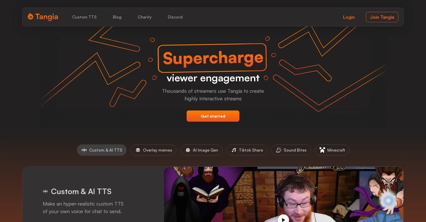 Tangia homepage screenshot — Supercharge viewer engagement on your stream