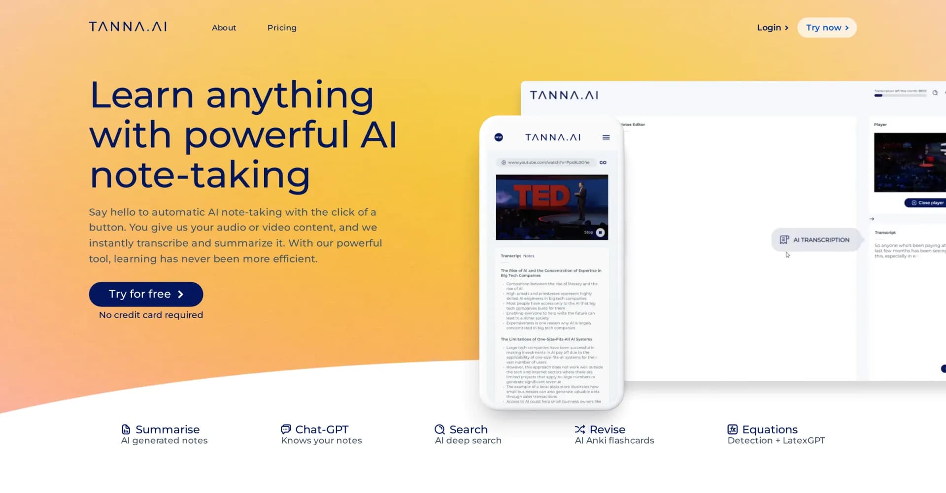 Tanna AI homepage screenshot — Automatic AI note-taking at the click of a button.