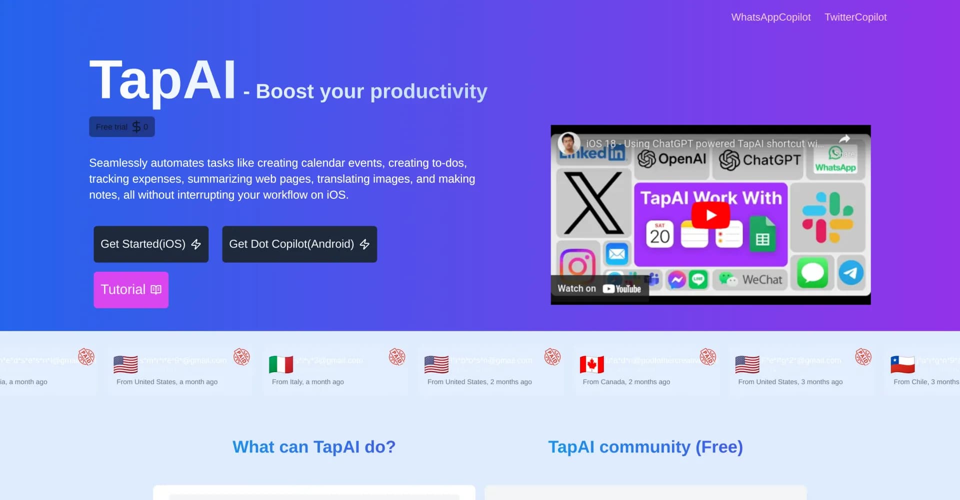 TapAI homepage screenshot — Automate iOS tasks with a simple double-tap.