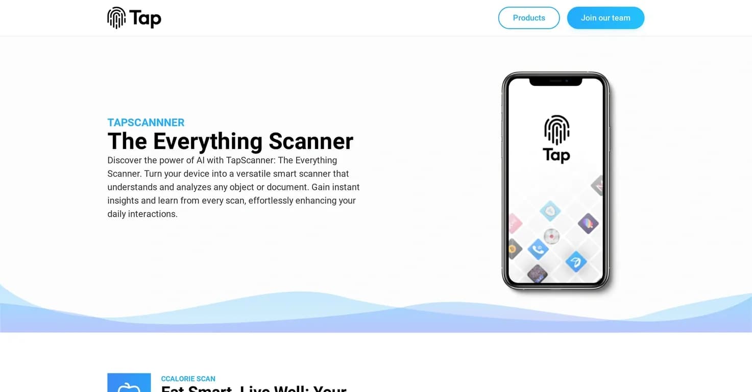 TapScanner homepage screenshot — Scan documents with your phone camera
