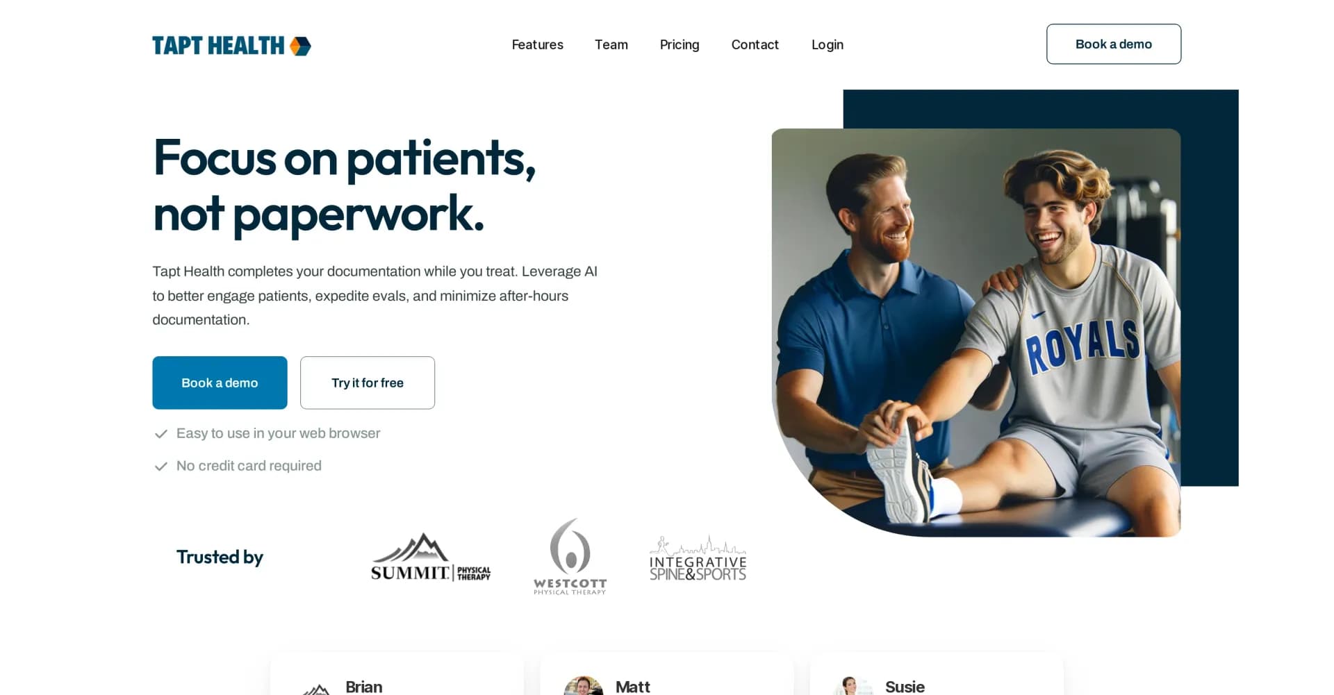 Tapt Health homepage screenshot — AI Scribe for seamless Physical Therapy notes