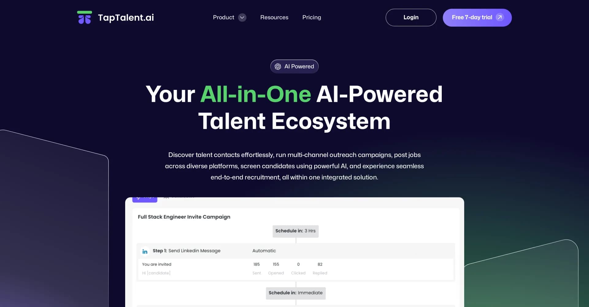 TapTalent homepage screenshot — Streamline talent sourcing and recruitment with AI.