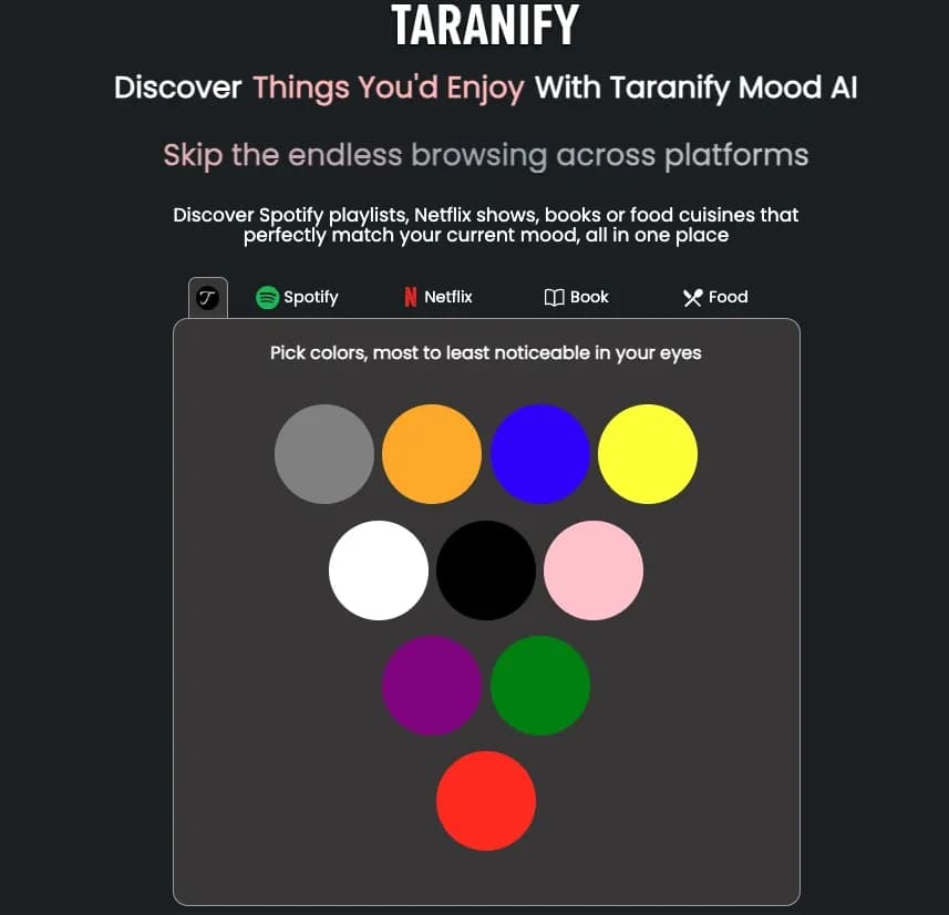 Taranify homepage screenshot — Spotify Playlist & Netflix recommendations based on user pre
