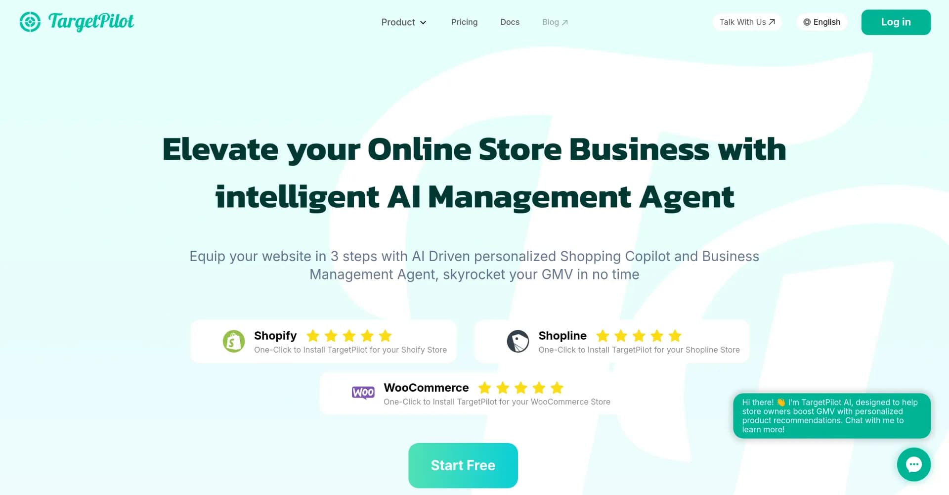 TargetPilot homepage screenshot — Boost e-commerce with AI-driven personalized shopping assist